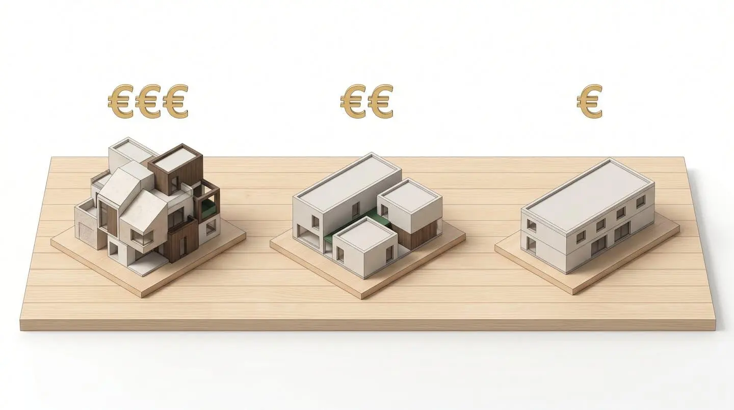 Illustration 3D isométrique de trois maquettes architecturales représentant trois niveaux de personnalisation : maison sur-mesure complexe, maison modulable et maison standardisée, avec icônes budgets
