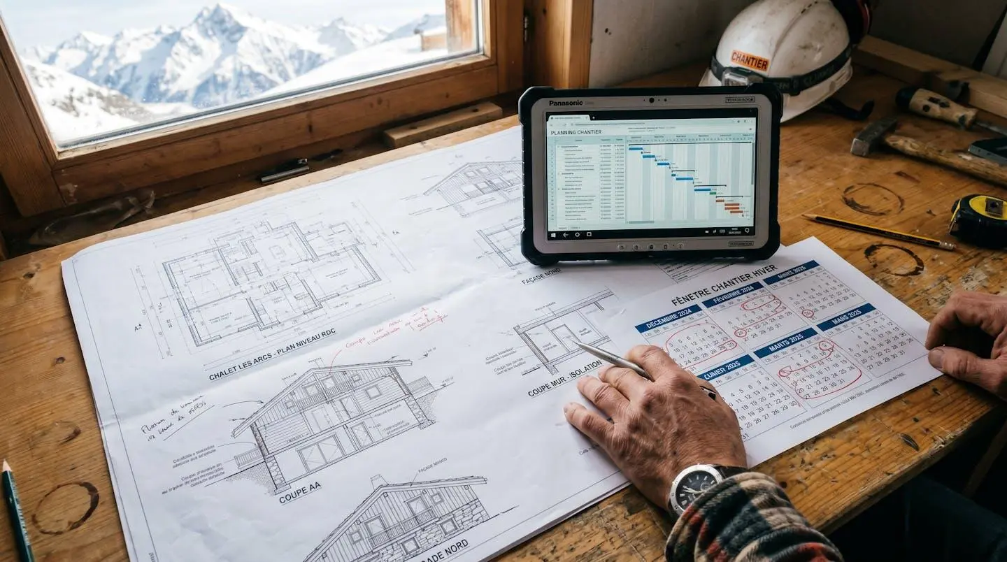 Infographie timeline horizontale en design plat montrant les 5 étapes d'un projet construction montagne avec durées : acquisition terrain, conception, permis, construction, livraison