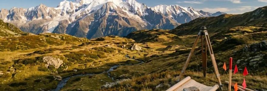 Vue aérienne d'un terrain montagnard vierge avec piquets d'arpentage et plans architecturaux au premier plan, sommets alpins enneigés en arrière-plan sous lumière dorée