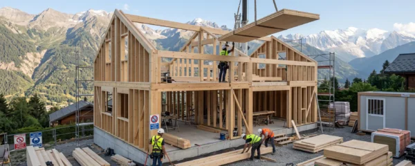 Chantier de construction d'une maison ossature bois contemporaine en Haute-Savoie, charpentiers au travail sur la structure, montagnes alpines en arrière-plan, phase gros œuvre