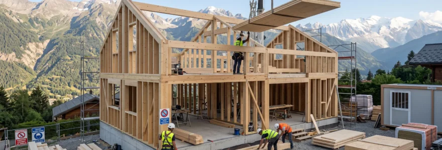 Chantier de construction d'une maison ossature bois contemporaine en Haute-Savoie, charpentiers au travail sur la structure, montagnes alpines en arrière-plan, phase gros œuvre