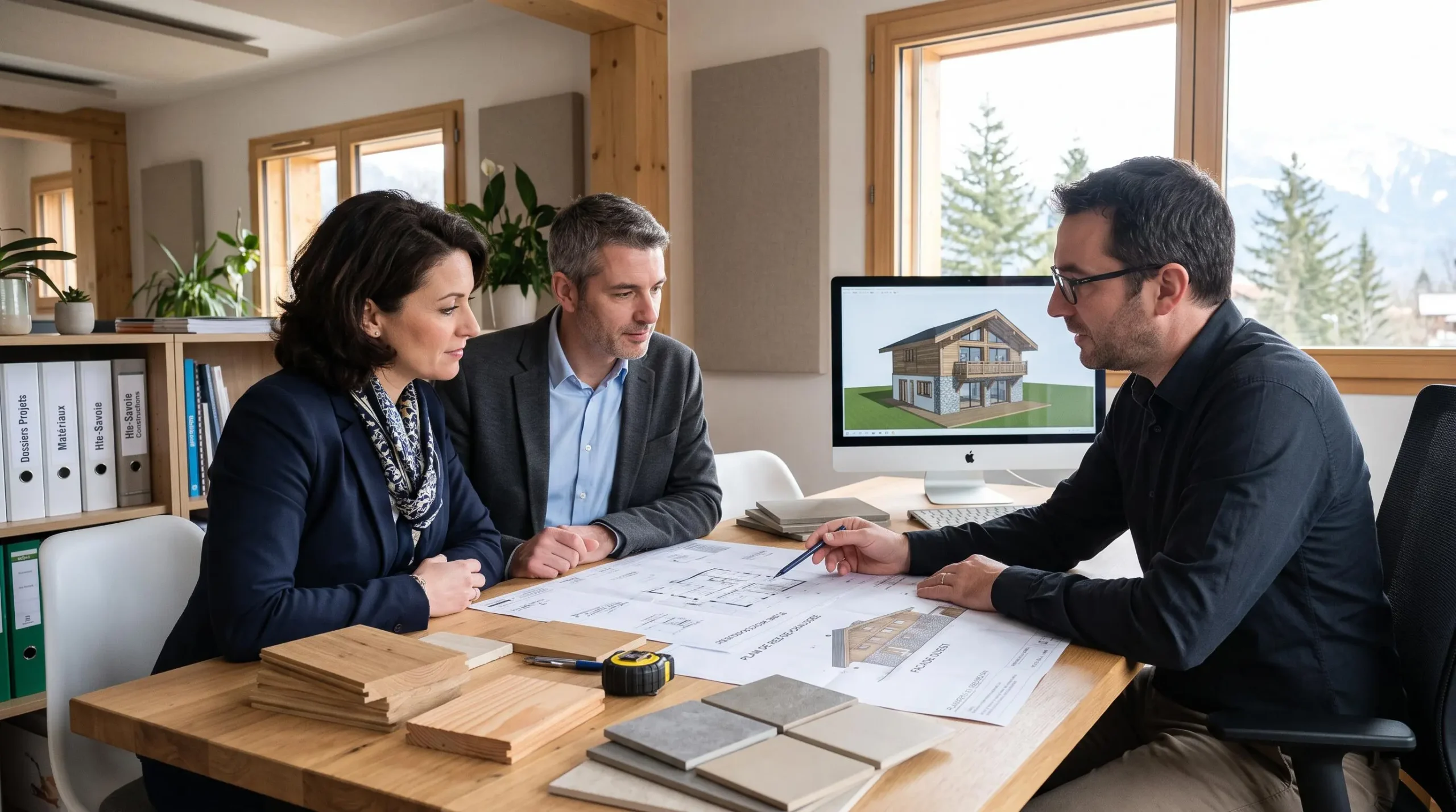 Couple en consultation avec responsable construction dans bureau d'agence, plans de maison et échantillons de matériaux sur table de travail, écran affichant modélisation 3D