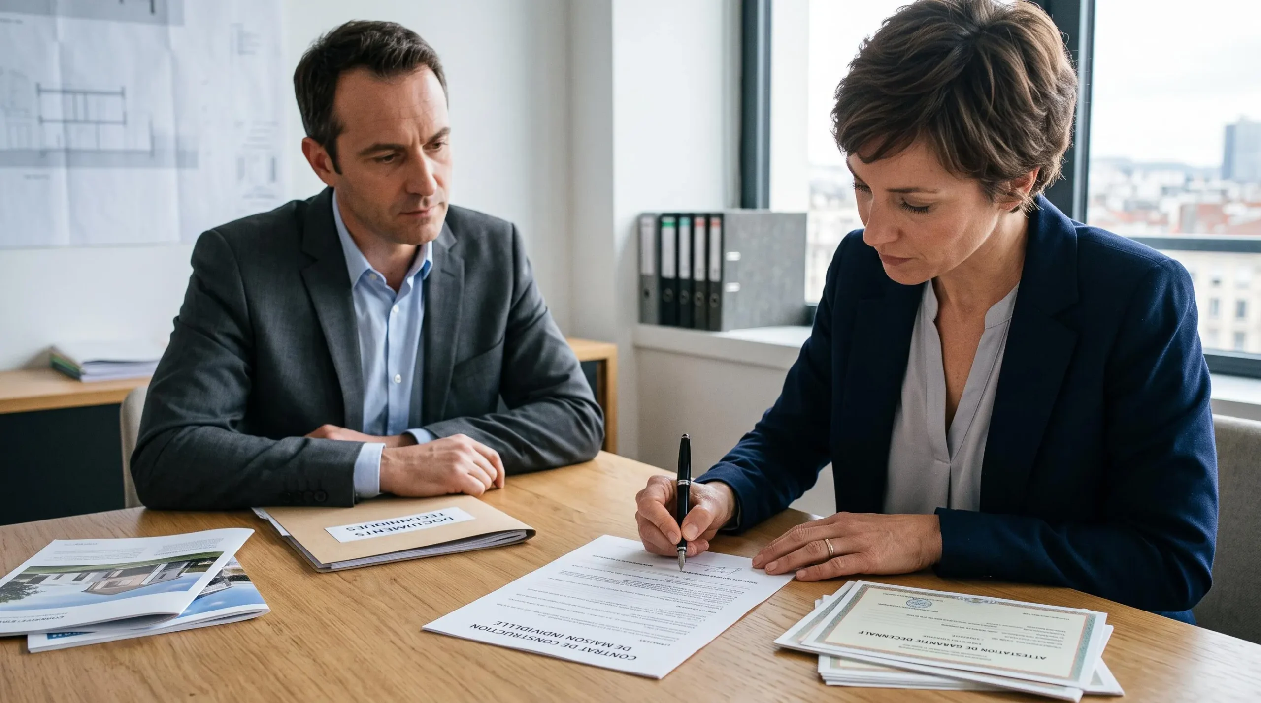 Signature d'un contrat CCMI de construction de maison, main de client avec stylo sur document, responsable construction présent, attestations de garanties visibles