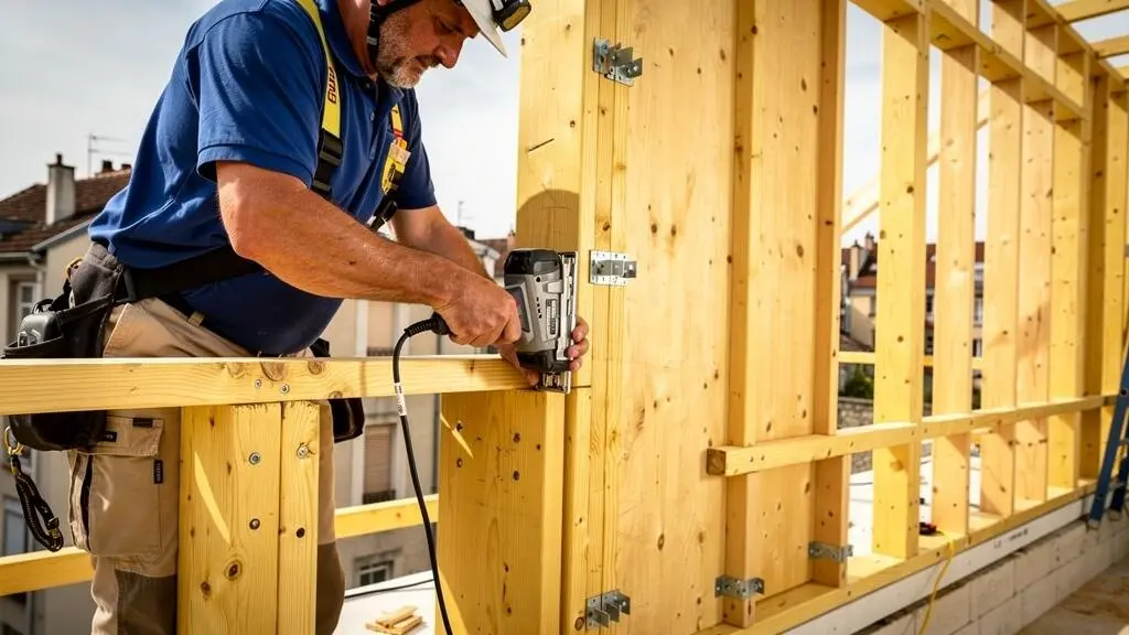 Charpentier assemblant l'ossature bois d'une surélévation sur un chantier résidentiel