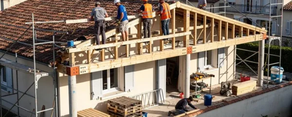 Chantier de surélévation d'une maison individuelle en France avec ouvriers installant l'ossature du nouvel étage