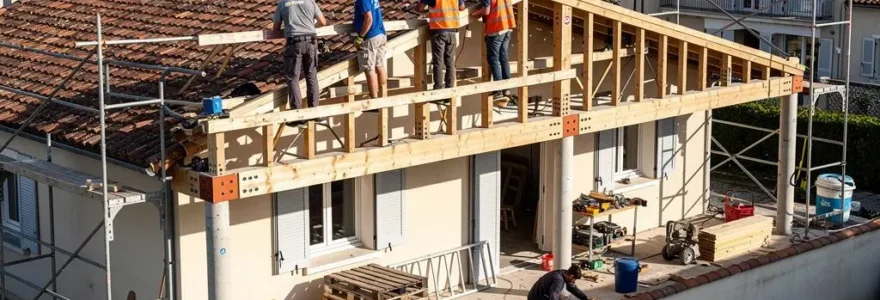 Chantier de surélévation d'une maison individuelle en France avec ouvriers installant l'ossature du nouvel étage