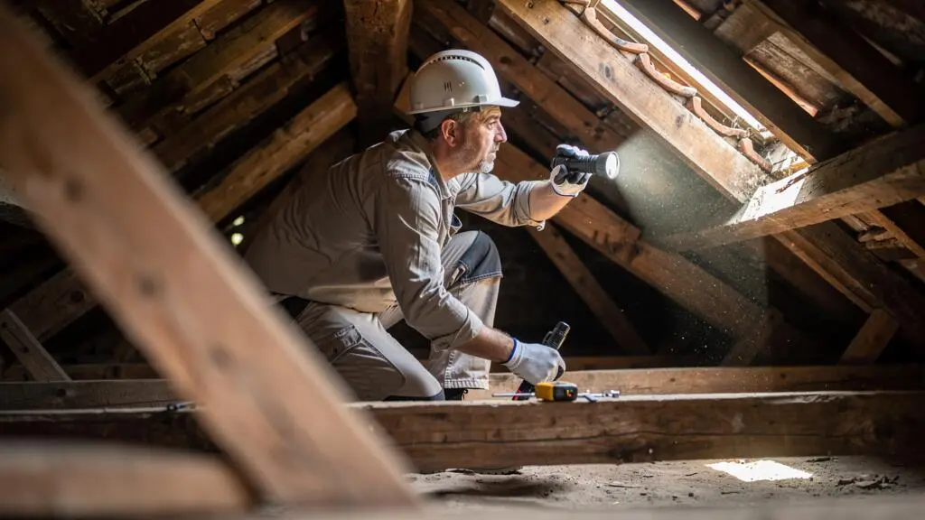Expert en bâtiment inspectant la charpente et les poutres dans les combles d'une maison avant surélévation